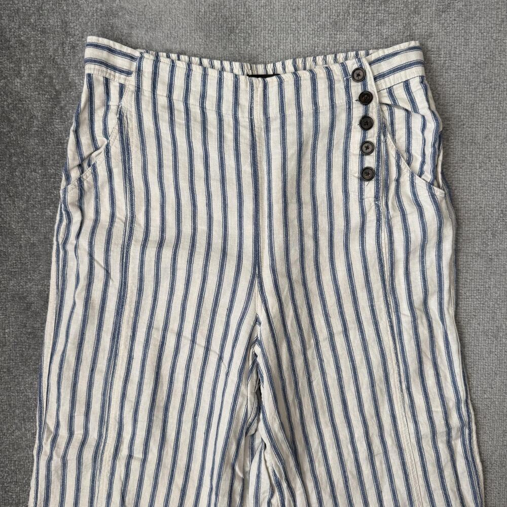 Tahari Pants Womens XL Blue Cream Stripe Linen Blend Wide Leg Cropped High Rise - Picture 2 of 11